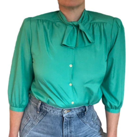 Vintage Turquoise Green PussyBow Blouse Chaus - Picture 13 of 16